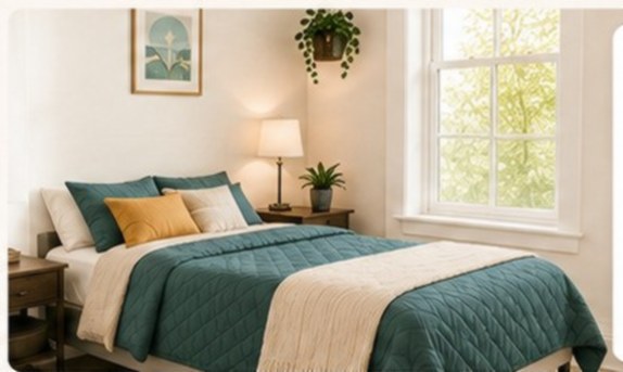 Bright furnished bedroom with teal bedding, warm accent pillows, and natural light