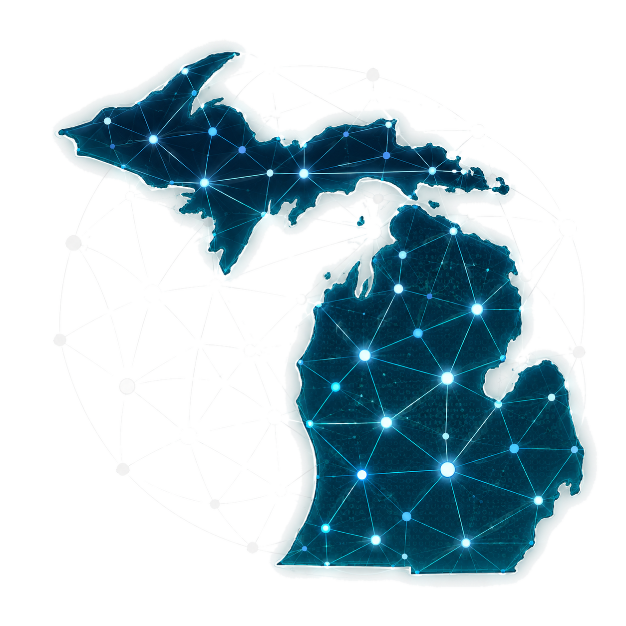 Illustrated map of Michigan with glowing network points connecting counties across the state